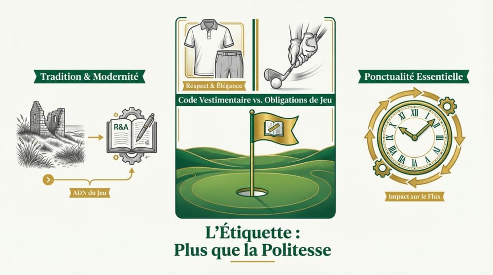 Schéma détaillé de ce qu'est l'étiquette au golf avec une représentation du code vestimentaire et des obligations de respecter le terrain