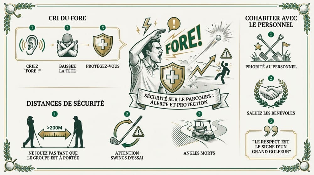 Infographie expliquant les règles de sécurité liées à l'étiquette au golf