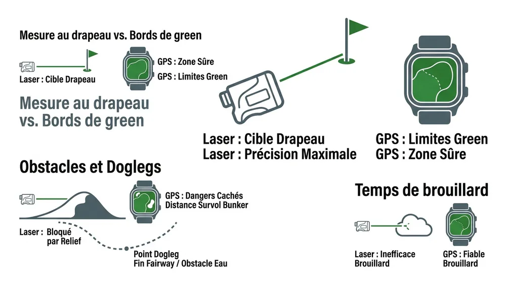 Infographie télémètre golf vs GPS — mesure drapeau, obstacles doglegs et conditions météo comparatif