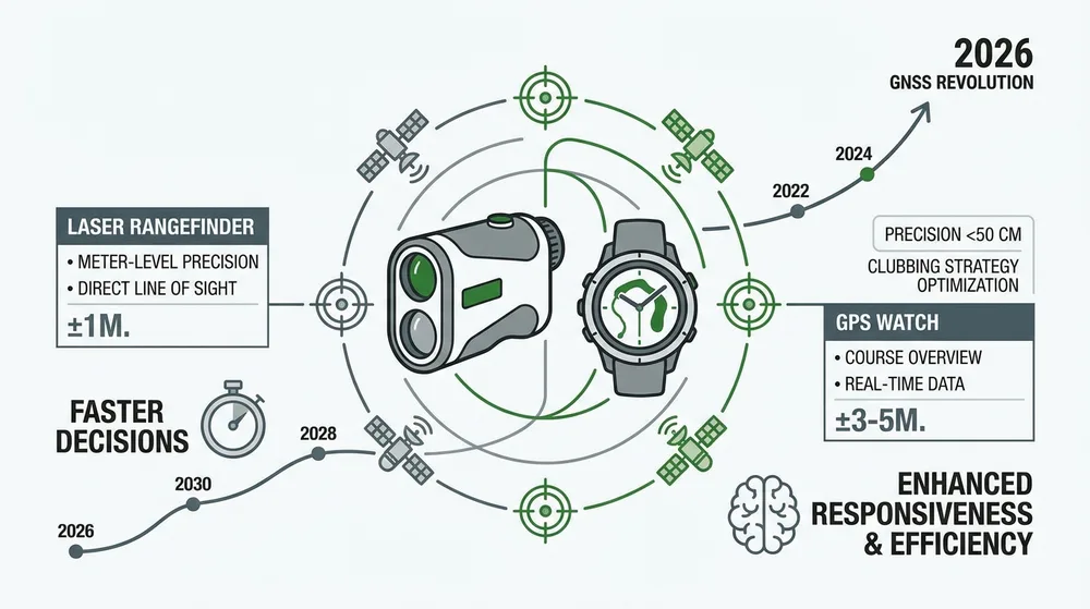 Infographie comparatif télémètre laser golf vs montre GPS — précision GNSS et évolution technologique 2026