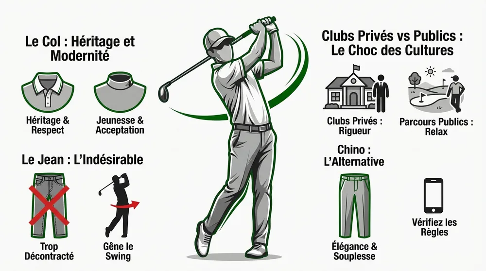 Infographie dress code golf : col obligatoire, jean interdit, clubs prives vs parcours publics