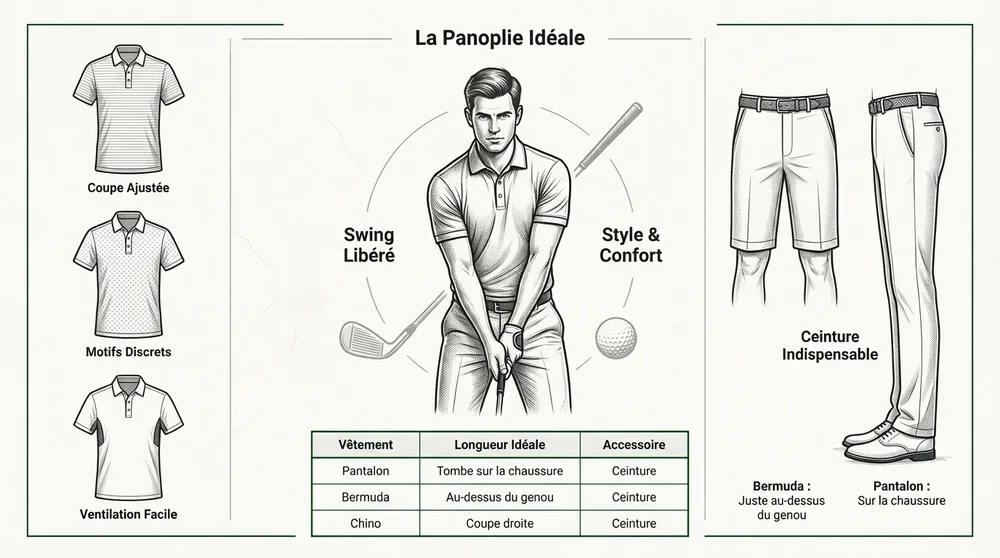 Infographie panoplie ideale tenue golf homme : polo, bermuda, pantalon, longueurs et accessoires