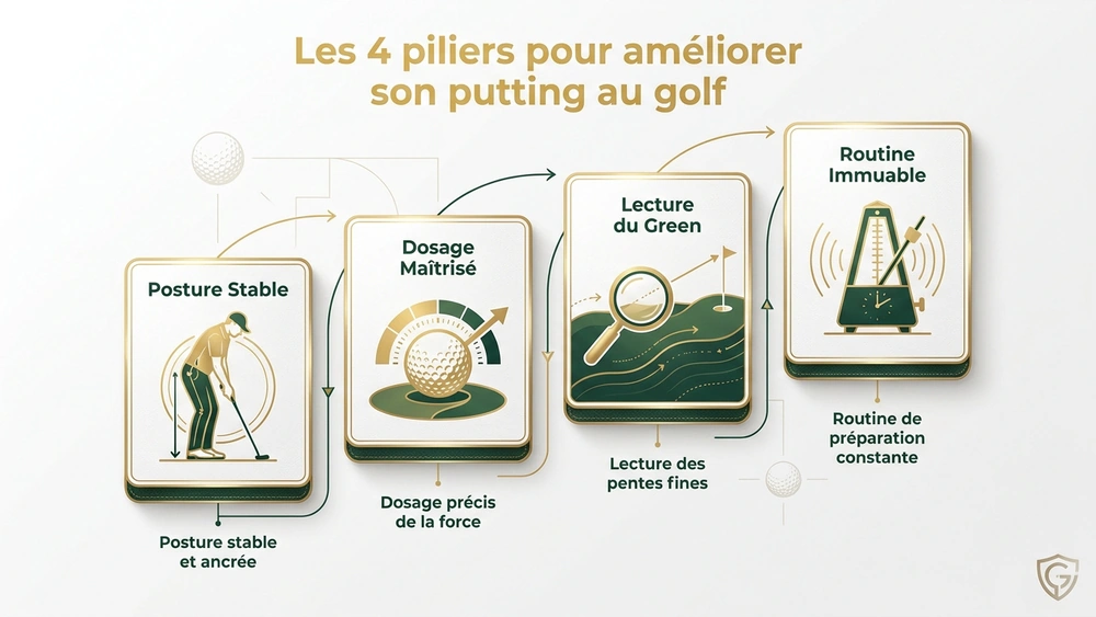 Infographie des 4 piliers pour améliorer son putting au golf : posture stable, dosage maîtrisé, lecture du green, routine immuable