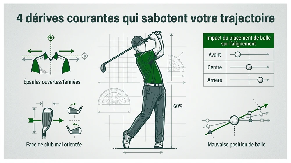 Infographie 4 erreurs d'alignement golf : épaules, face de club, position de balle, trajectoire