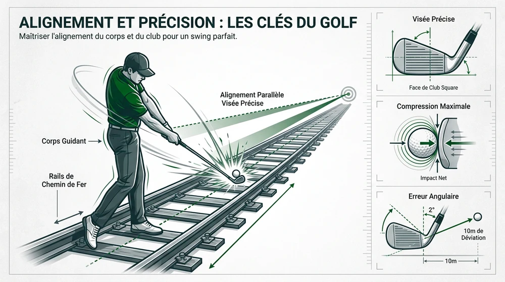 Infographie alignement golf : image des rails de chemin de fer pour viser parallèlement à la cible