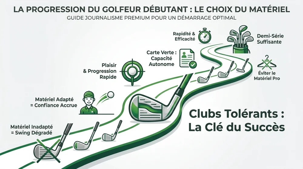 Infographie de la progression du golfeur débutant et du choix du matériel adapté