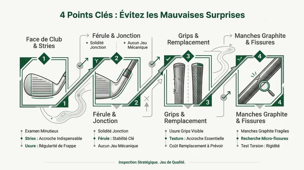 Infographie 4 points clés à vérifier pour acheter des clubs de golf d'occasion sans risque