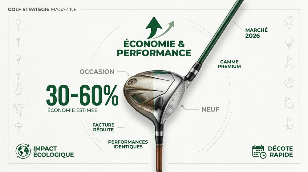 Infographie économie 30 à 60 pour cent sur les clubs de golf d’occasion versus neuf