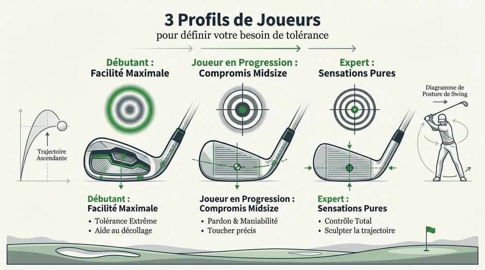 Infographie des 3 profils de joueurs de golf : débutant facilité maximale, joueur en progression compromis midsize, expert sensations pures