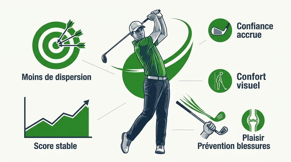 Infographie des bénéfices d'une série de fers de golf bien choisie : moins de dispersion, score stable, confiance accrue, confort visuel, prévention des blessures