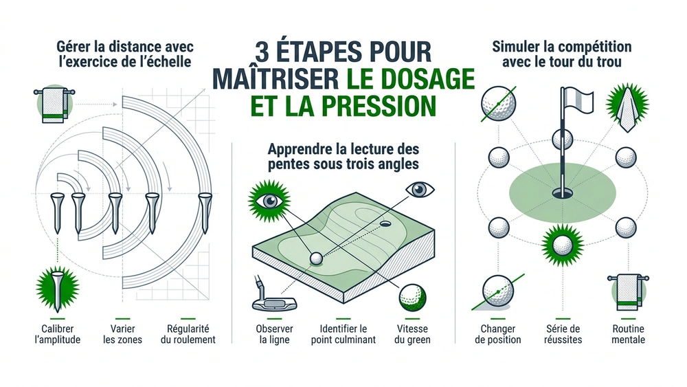 Infographie sur le dosage et la gestion de la pression au putting : exercice de l'échelle, lecture des pentes sous trois angles et tour du trou