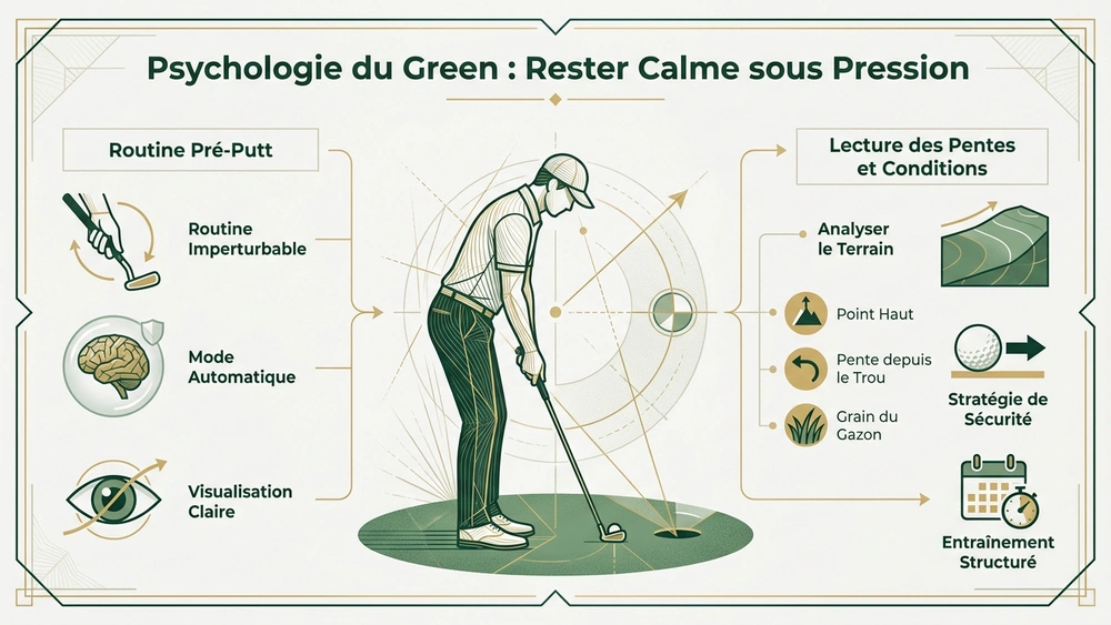Infographie mentale pour réussir ses putts sous pression : routine pré-putt, mode automatique, visualisation claire et lecture des pentes
