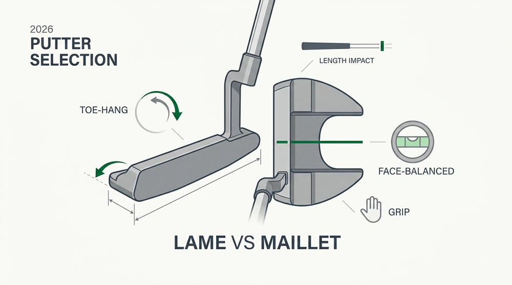 Infographie comparant putter lame avec Toe-Hang et putter maillet Face-Balanced en 2026