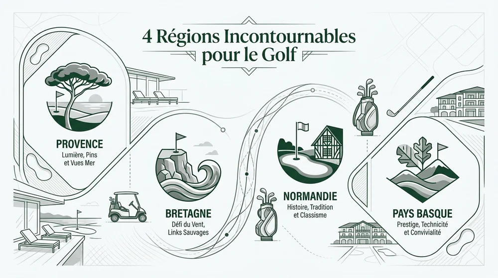 Infographie des 4 régions incontournables pour un séjour golf France : Provence, Bretagne, Normandie, Pays Basque