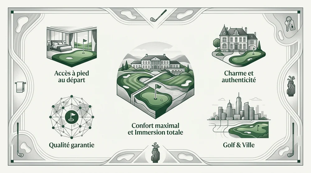 Infographie des hébergements pour un séjour golf France : resort intégré, hôtel de charme, domaine et option urbaine