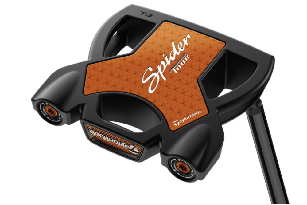 Putter TaylorMade Spider Tour T3 vue de dessus avec insert orange Pure Roll TPU et alignement True Path