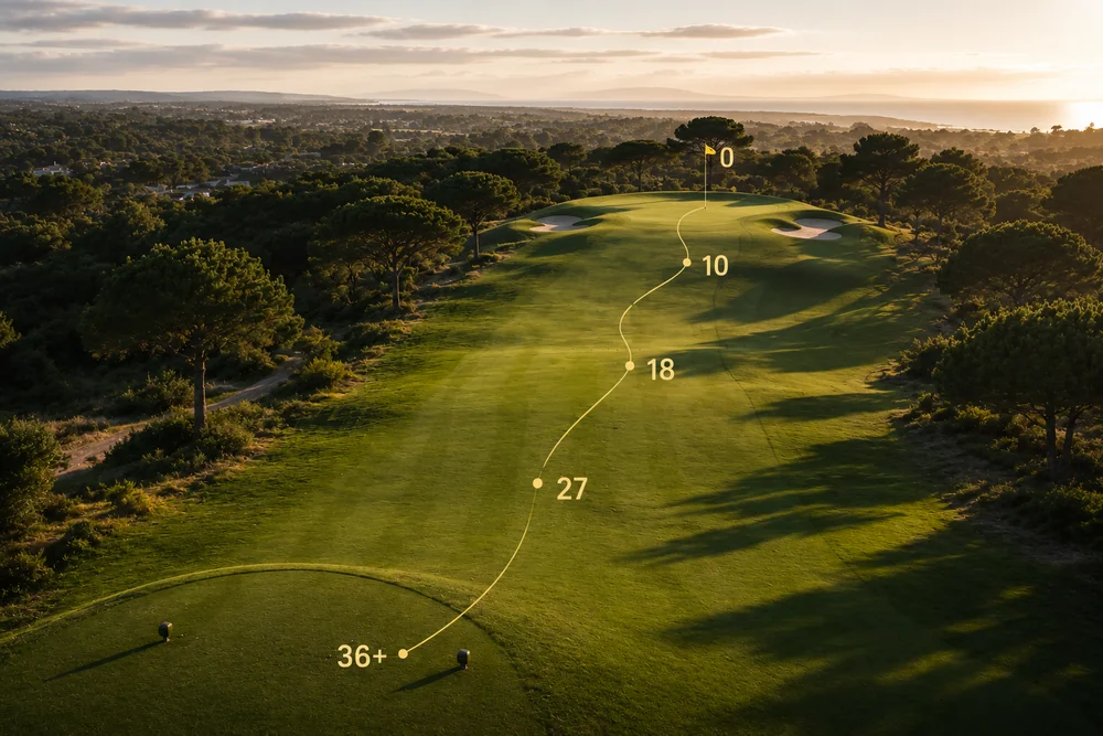 Parcours de golf au coucher de soleil avec progression d'index de 36+ à 0 illustrant les niveaux de jeu