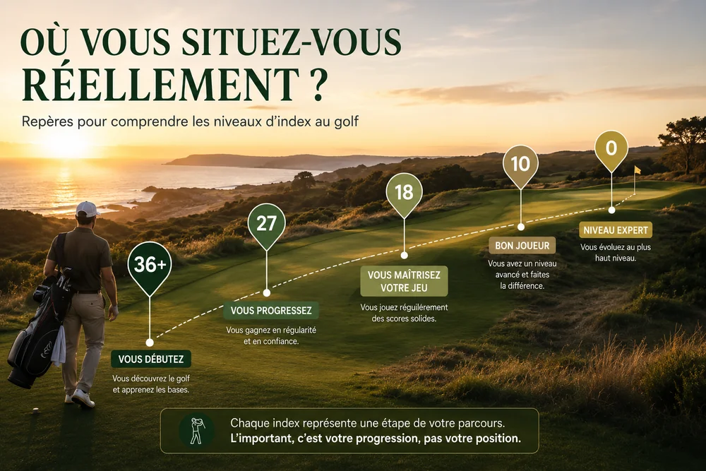 Infographie des niveaux d'index au golf : où vous situez-vous entre débutant à 36+ et niveau expert à 0