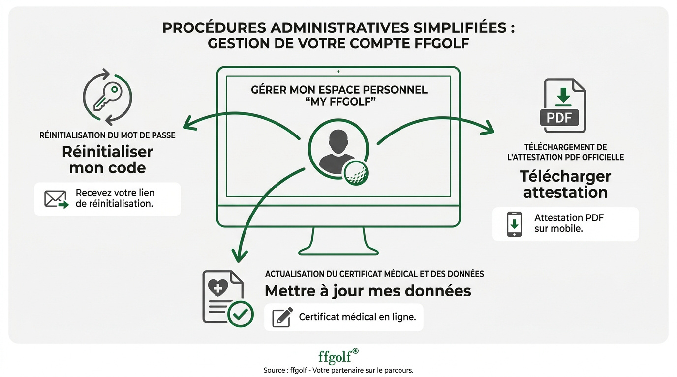 Visualisation des accès My ffgolf, de la licence digitale et de l’attestation pour distinguer les supports disponibles.
