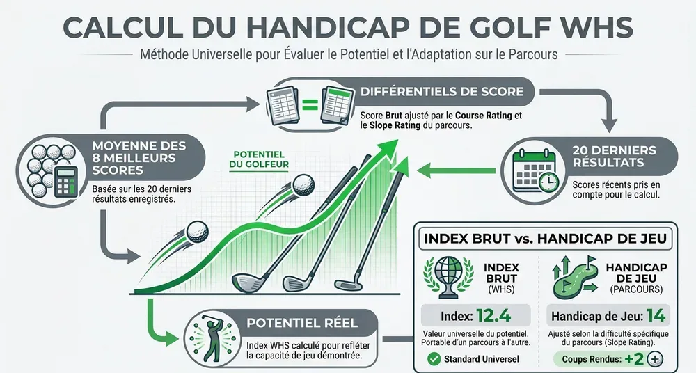 La règle WHS des 8 meilleurs scores sur 20, et la différence entre index brut et handicap de jeu.