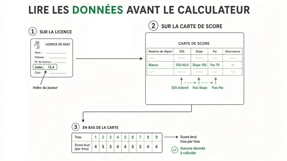 Où lire l'index, le SSS, le slope, le par et le score brut sur la licence et la carte de score.