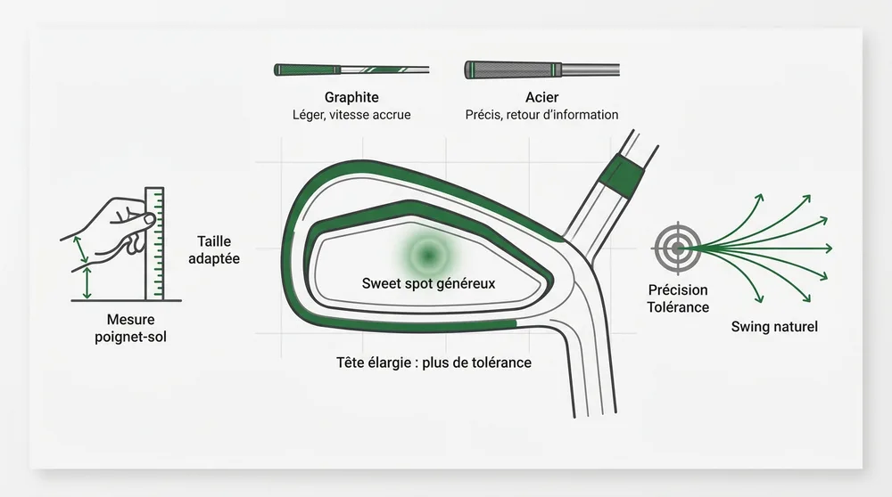Les criteres de choix d une demi-serie pour debuter, avec graphite contre acier, tolerance de la tete et repere de mesure poignet sol.