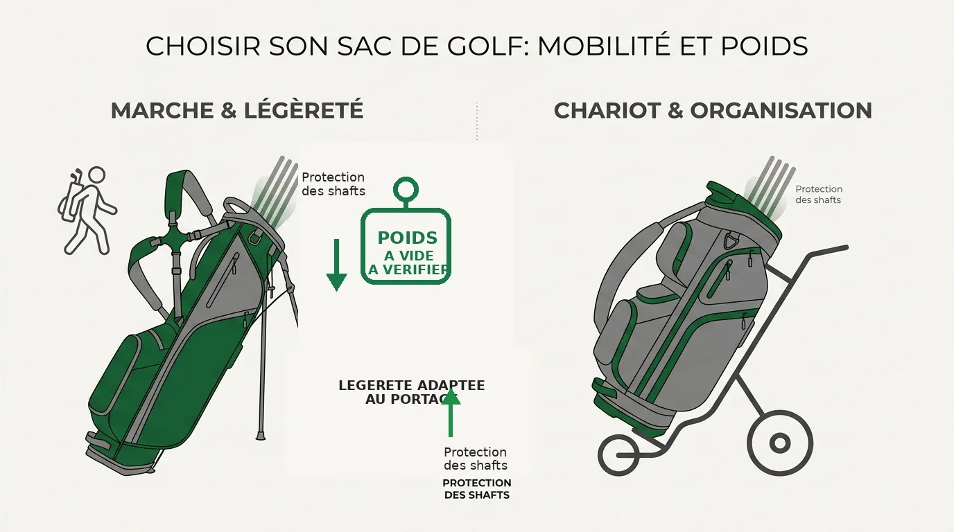 Golfeur portant un sac trépied léger sur un parcours verdoyant pour illustrer le portage en mouvement et la décision entre porter, rouler ou transporter.