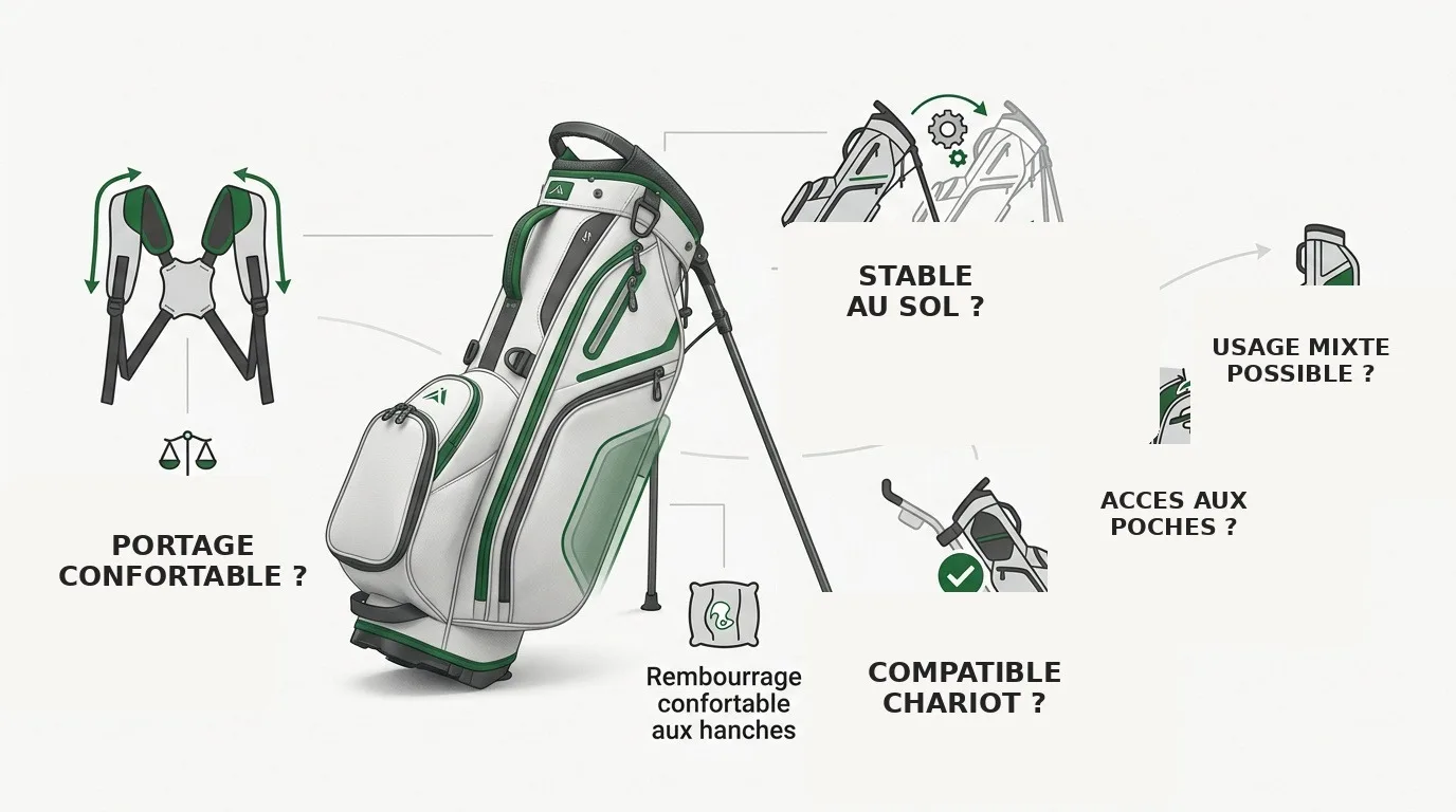 Infographie détaillant l’ergonomie et le confort de portage d’un sac de golf trépied, en synthèse visuelle finale des bons critères de choix.