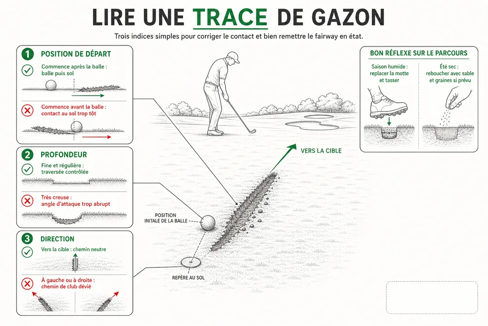 LIRE UNE TRACE DE GAZON : trois indices simples pour corriger le contact et bien remettre le fairway en état.