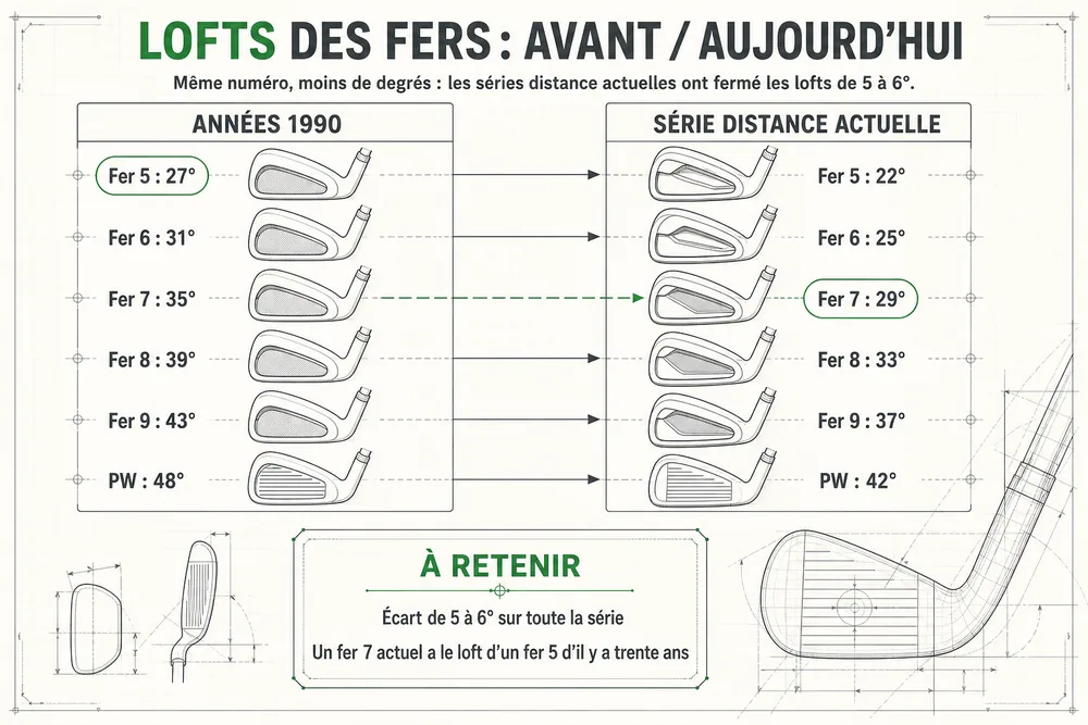 Lofts des fers dans les annees 1990 et dans une serie distance actuelle : fer 5 de 27 a 22 degres, fer 7 de 35 a 29, PW de 48 a 42, soit 5 a 6 degres d'ecart sur toute la serie
