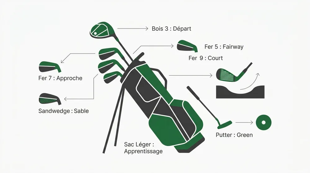 Un sac leger et les six clubs d une demi-serie avec leur usage principal sur le parcours.