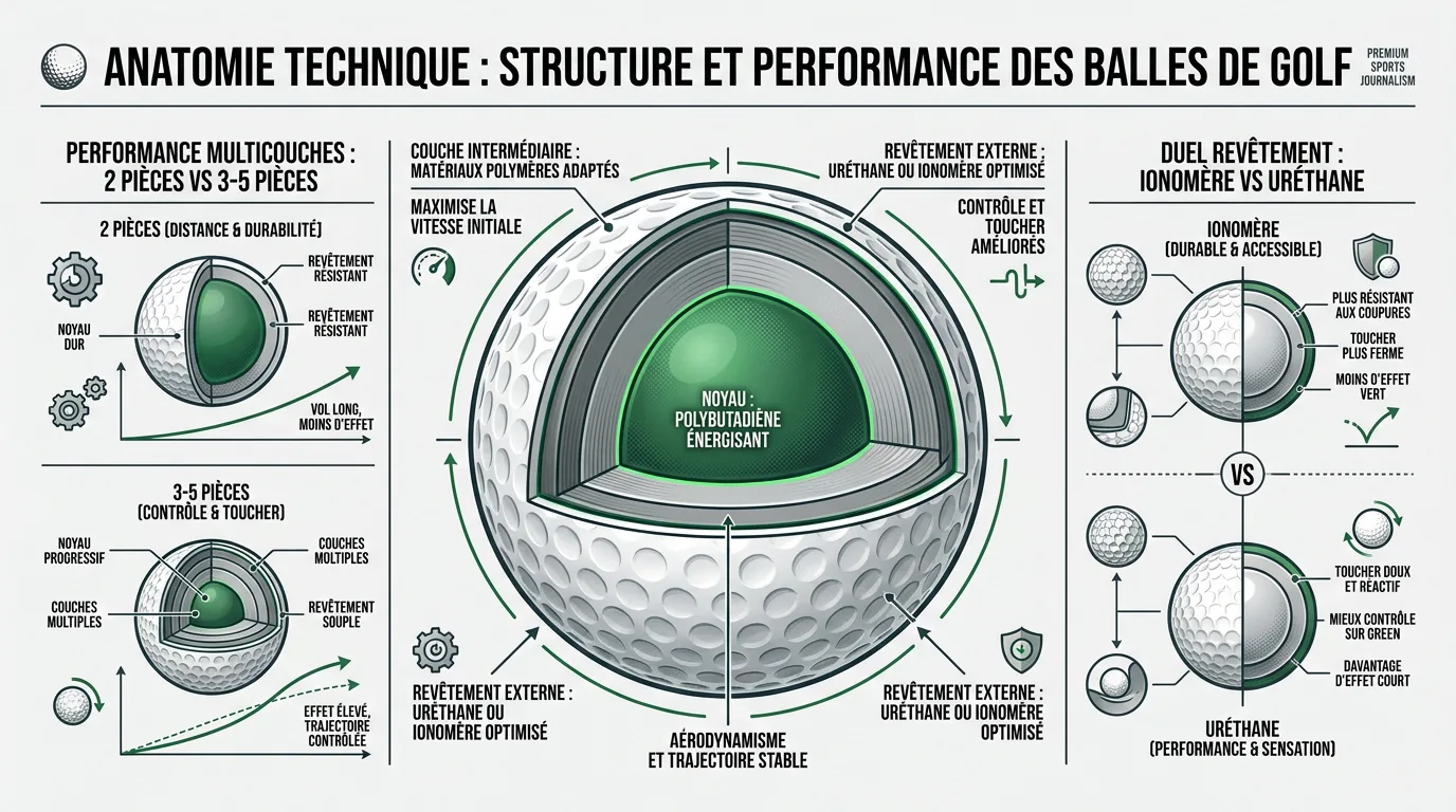 Schéma des différentes couches internes d’une balle multicouches pour clarifier la construction.