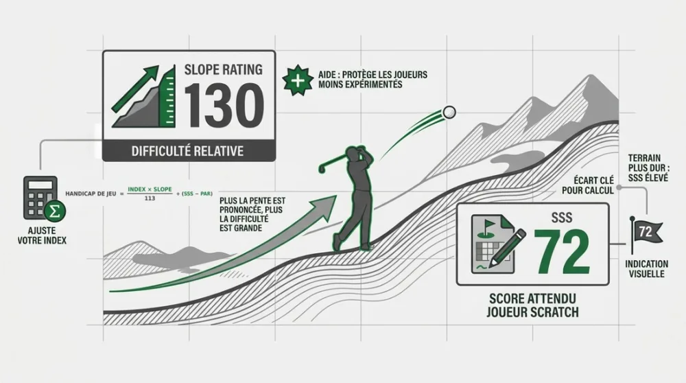 La formule du handicap de jeu, avec le slope et le SSS lus sur la carte de score.
