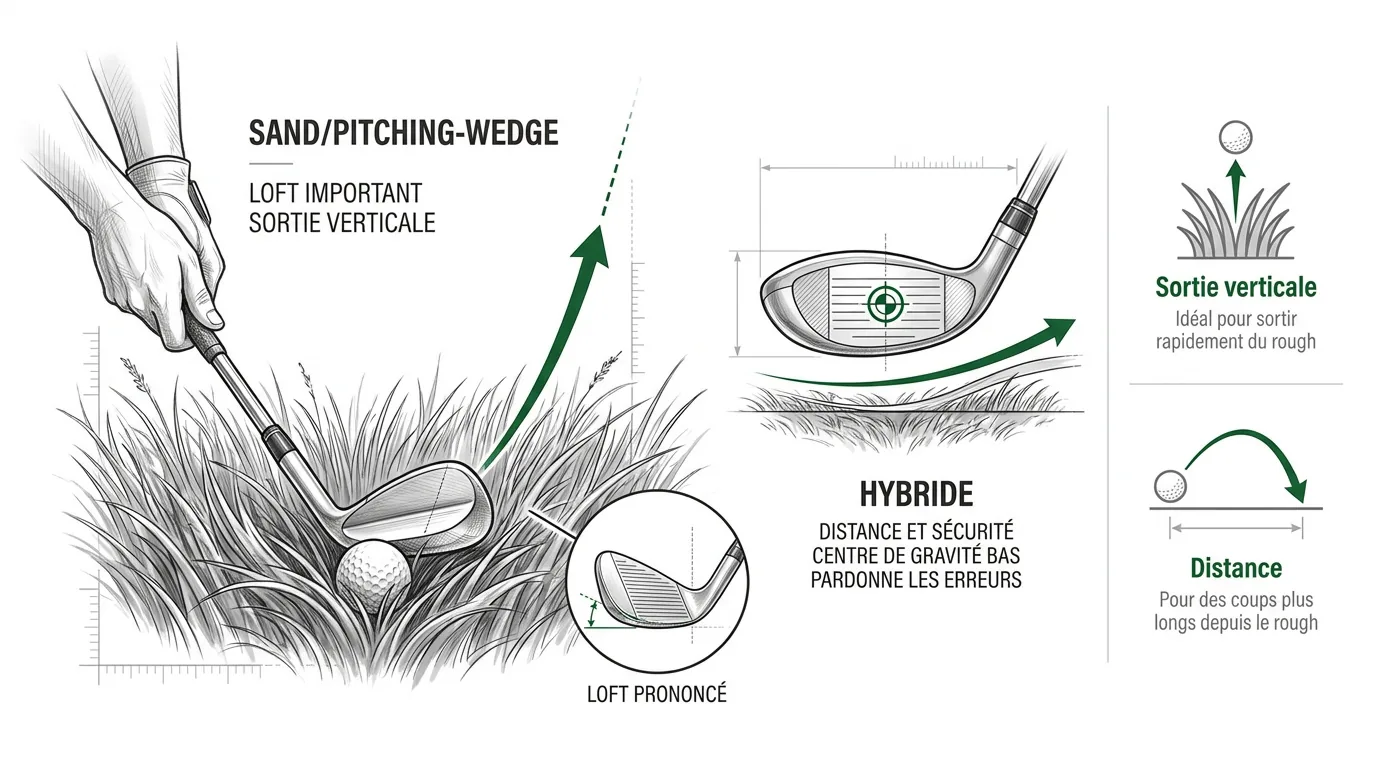 Sortir du rough : le wedge a fort loft pour une sortie verticale, l'hybride a centre de gravite bas pour la distance