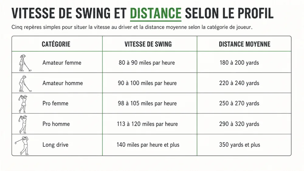 Vitesse de swing et distance moyenne selon le profil : amateur femme, amateur homme, pro femme, pro homme et long drive