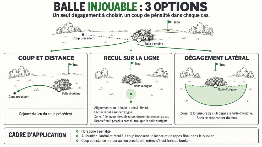 BALLE INJOUABLE : 3 OPTIONS. Un seul dégagement à choisir, un coup de pénalité dans chaque cas.