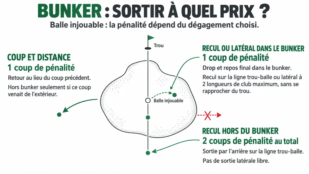 BUNKER : SORTIR À QUEL PRIX ?. Balle injouable : la pénalité dépend du dégagement choisi.