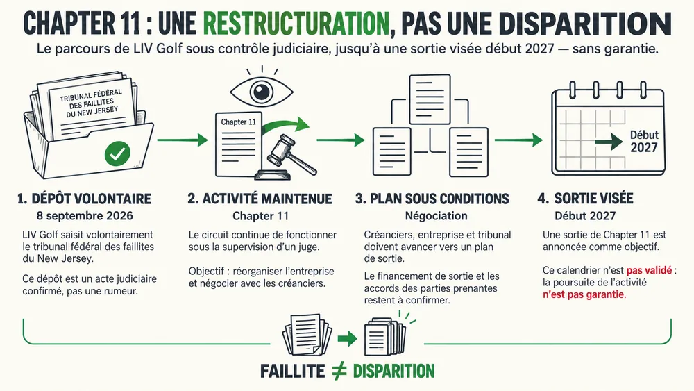 CHAPTER 11 : UNE RESTRUCTURATION, PAS UNE DISPARITION. Le parcours de LIV Golf sous contrôle judiciaire, jusqu’à une sortie visée début 2027 — sans garantie.