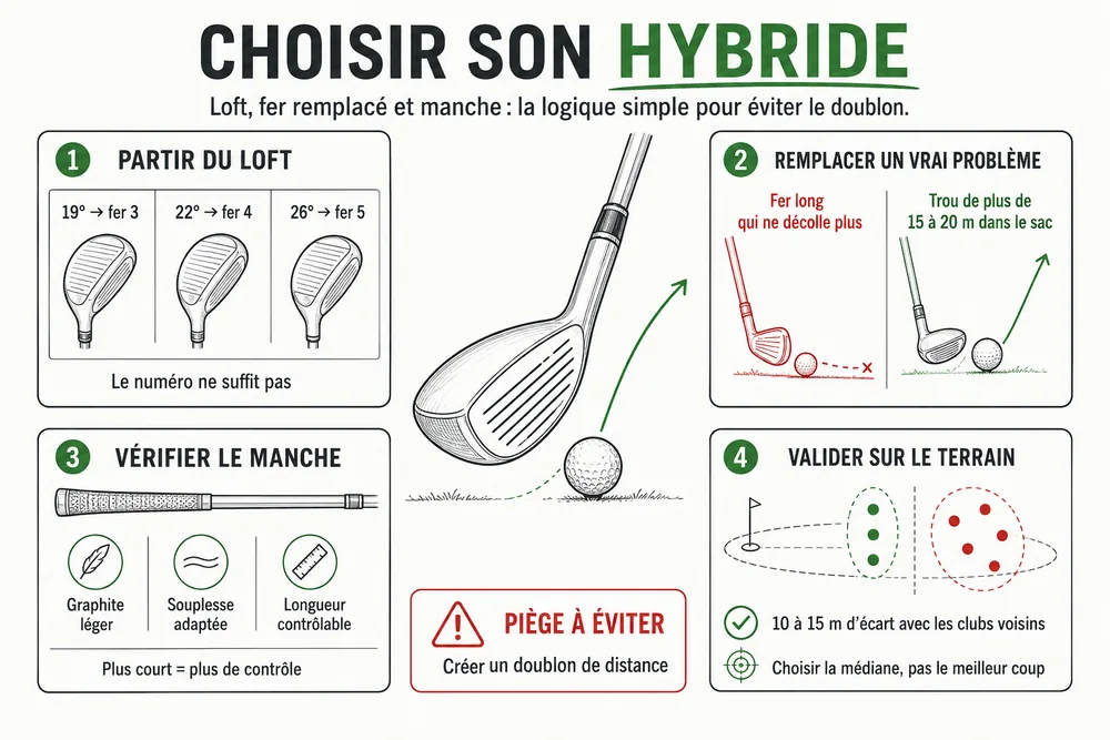 CHOISIR SON HYBRIDE. Loft, fer remplacé et manche : la logique simple pour éviter le doublon.