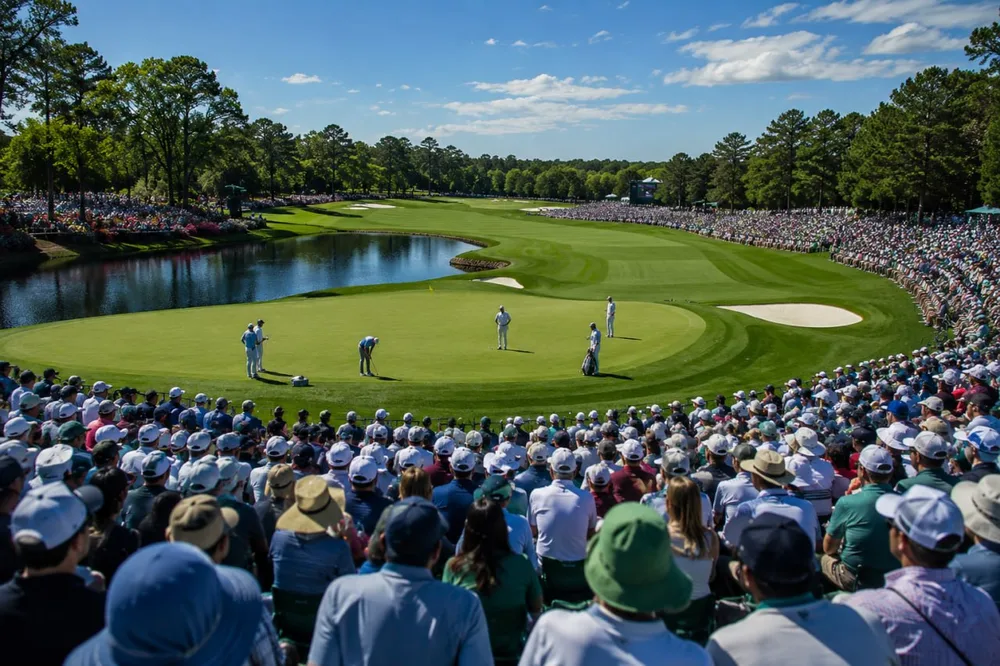 Classement mondial du golf masculin : golfeur préparant un putt sur un green bordé d'un plan d'eau.