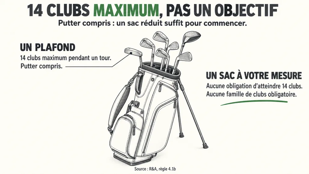 14 CLUBS MAXIMUM, PAS UN OBJECTIF. Putter compris : un sac réduit suffit pour commencer.