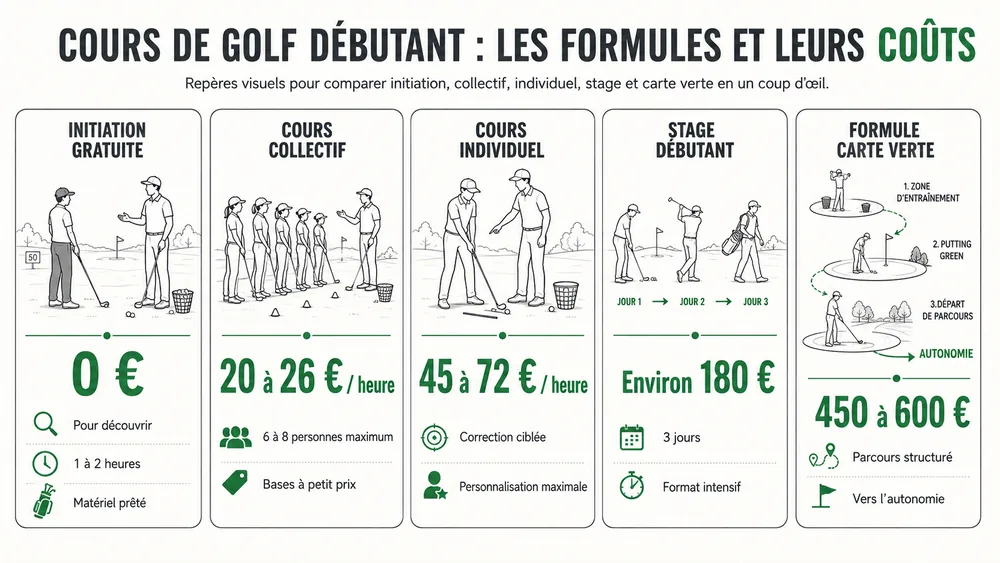 COURS DE GOLF DÉBUTANT : LES FORMULES ET LEURS COÛTS. Repères visuels pour comparer initiation, collectif, individuel, stage et carte verte en un coup d’œil.