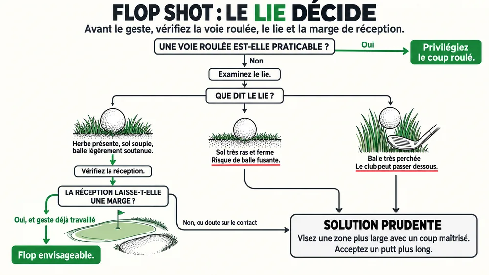 FLOP SHOT : LE LIE DÉCIDE. Avant le geste, vérifiez la voie roulée, le lie et la marge de réception.