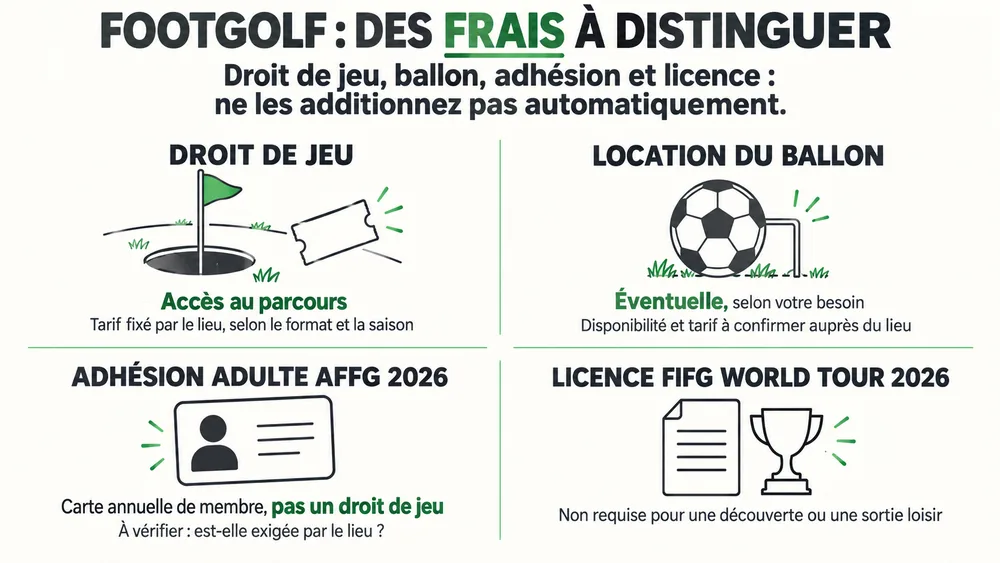 FOOTGOLF : DES FRAIS À DISTINGUER. Droit de jeu, ballon, adhésion et licence : ne les additionnez pas automatiquement.