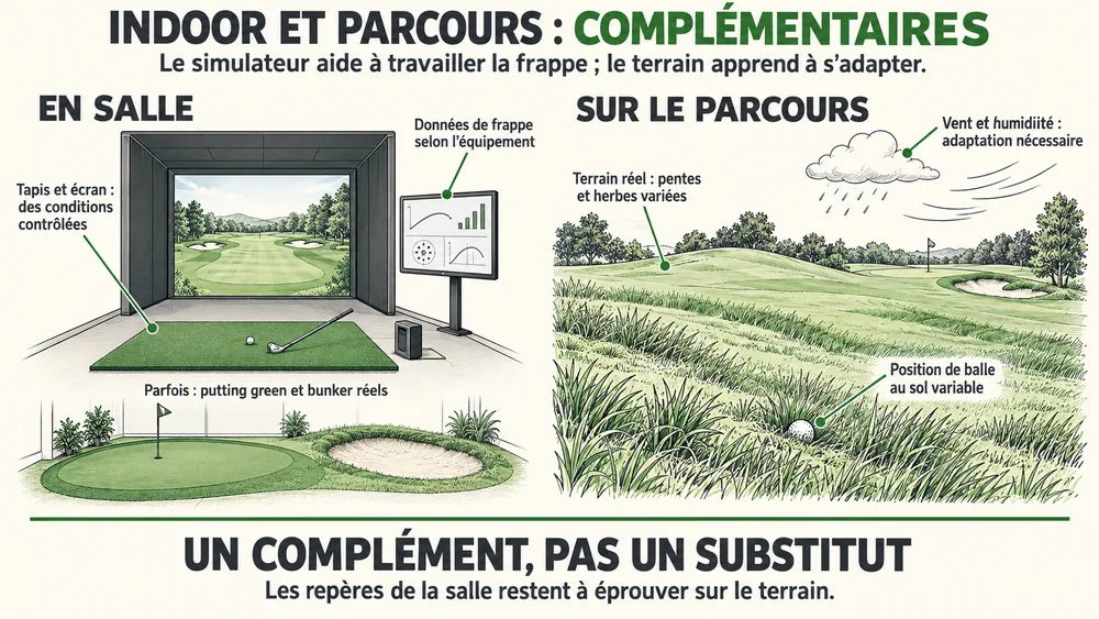 INDOOR ET PARCOURS : COMPLÉMENTAIRES. Le simulateur aide à travailler la frappe ; le terrain apprend à s’adapter.