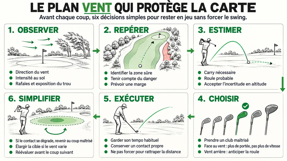 LE PLAN VENT QUI PROTÈGE LA CARTE : avant chaque coup, six décisions simples pour rester en jeu sans forcer le swing.