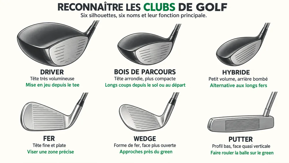 RECONNAÎTRE LES NOMS DES CLUBS DE GOLF : six silhouettes, six noms et leur fonction principale.