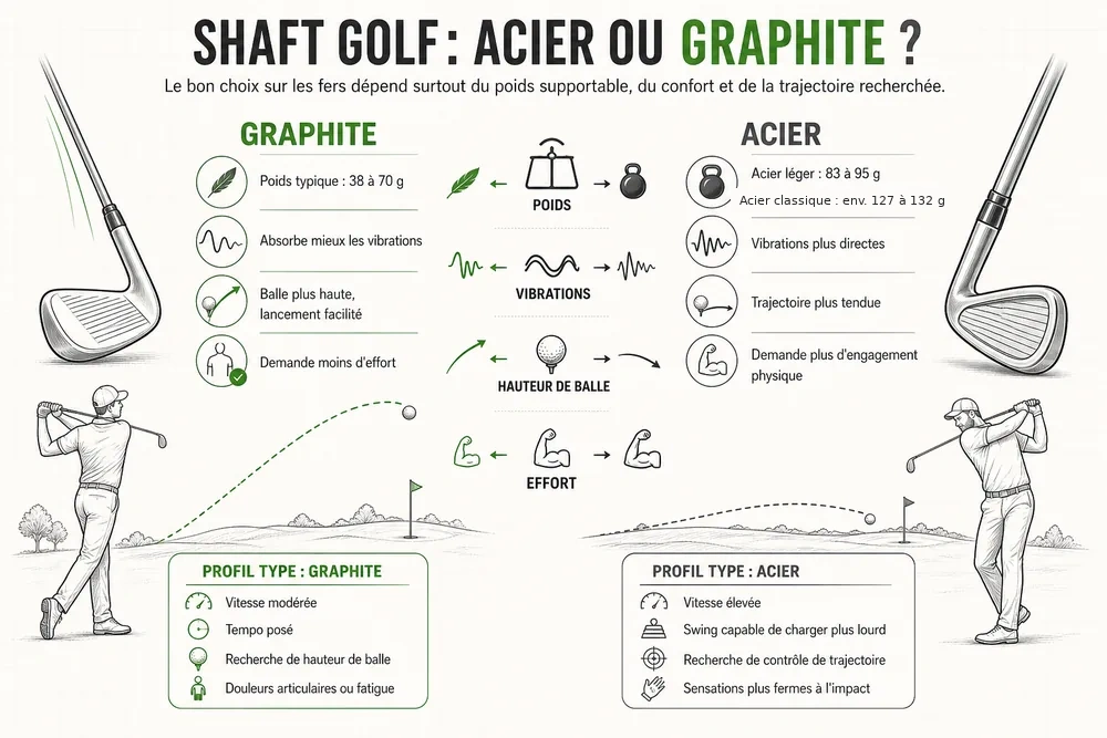 SHAFT GOLF : ACIER OU GRAPHITE ?. Le bon choix sur les fers dépend surtout du poids supportable, du confort et de la trajectoire recherchée.