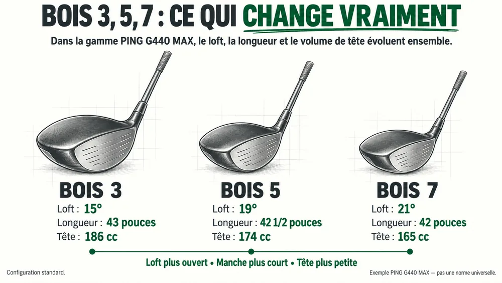 BOIS 3, 5, 7 : CE QUI CHANGE VRAIMENT. Dans la gamme PING G440 MAX, le loft, la longueur et le volume de tête évoluent ensemble.