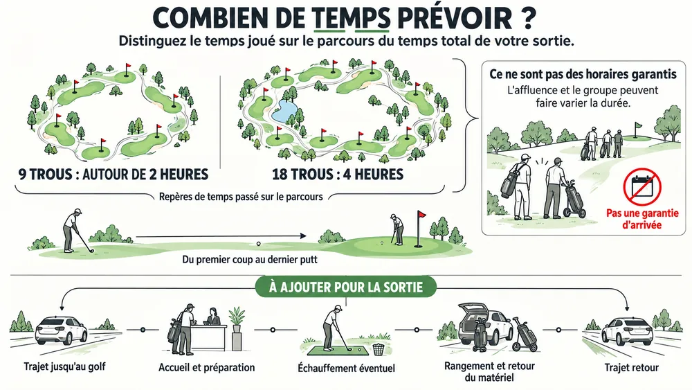 Combien de temps pour une partie de golf ? Distinguez le temps joué sur le parcours du temps total de votre sortie.